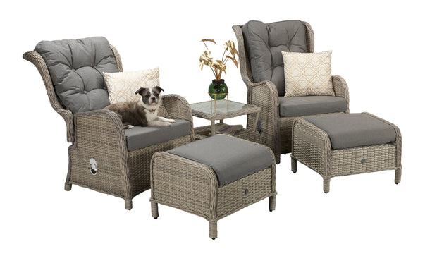Five Piece Reclining lounge set in Fine Creamy Meghan Grey wicker with Pale Grey Cushion