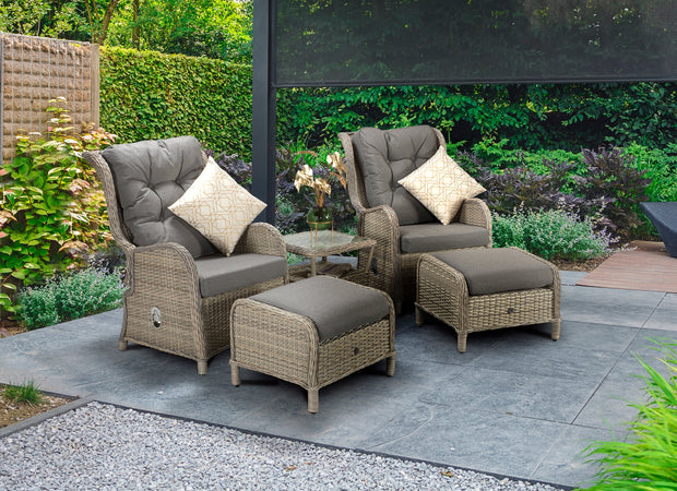 Five Piece Reclining lounge set in Fine Creamy Meghan Grey wicker with Pale Grey Cushion