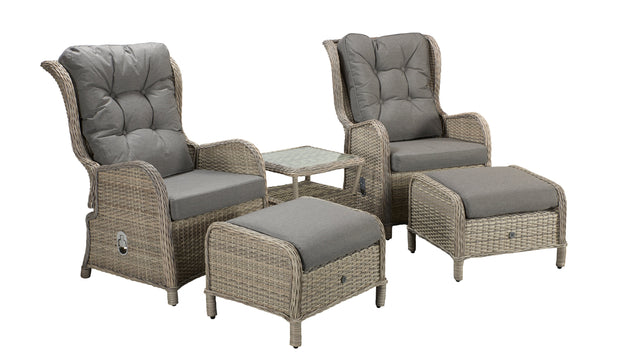 Five Piece Reclining lounge set in Fine Creamy Meghan Grey wicker with Pale Grey Cushion