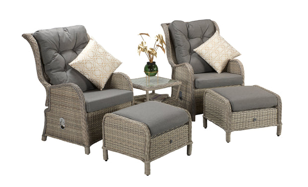 Five Piece Reclining lounge set in Fine Creamy Meghan Grey wicker with Pale Grey Cushion