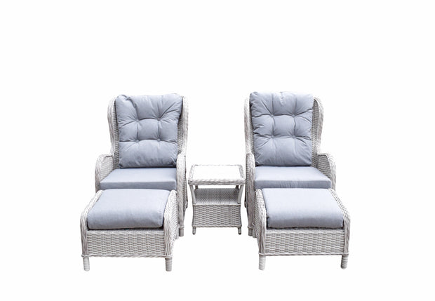 Five Piece Reclining lounge set in Fine Creamy Meghan Grey wicker with Pale Grey Cushion