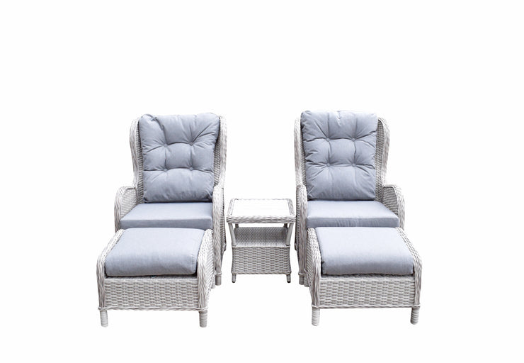 Five Piece Reclining lounge set in Fine Creamy Meghan Grey wicker with Pale Grey Cushion